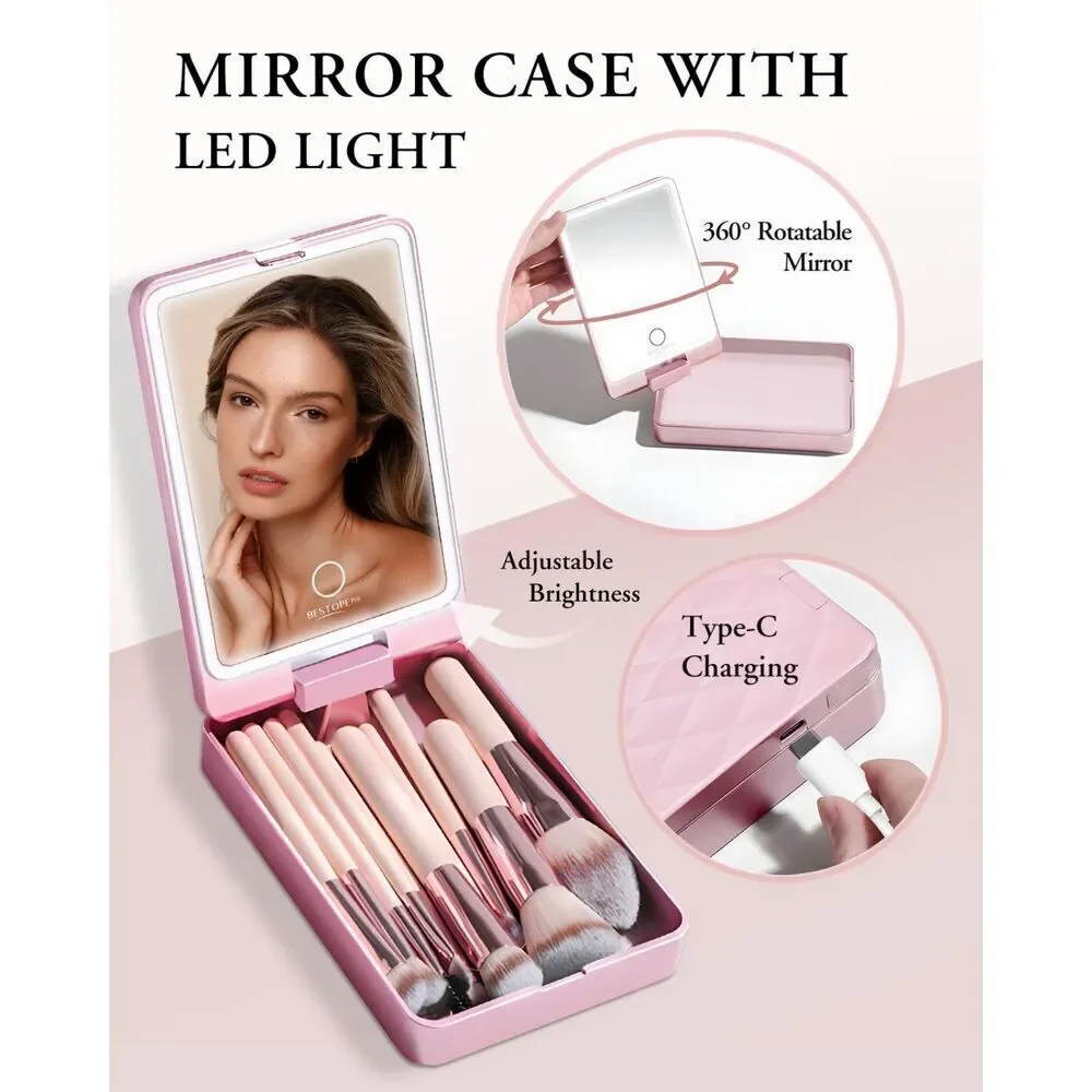 20 Pcs Pink Travel Makeup Brush Set With Led Light Mirror Holder & 2 Powder Puff